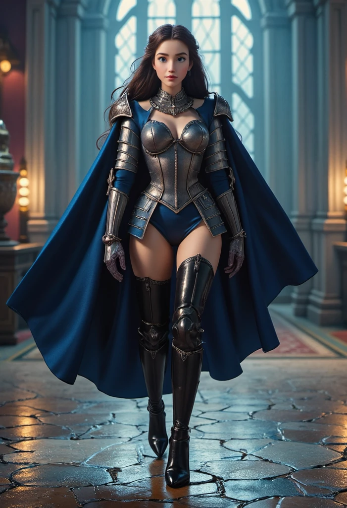 masterpiece, best quality, CG, wallpaper, HDR, high quality, high-definition, extremely detailed, full body toe to head female drow, colored skin, dark elf, blue skin, grey skin, pointy ears, cape, armor, looking at viewer, 1girl, forest, dark forest, mythical forest, dimmed light, brown eyes, long hair, chibi