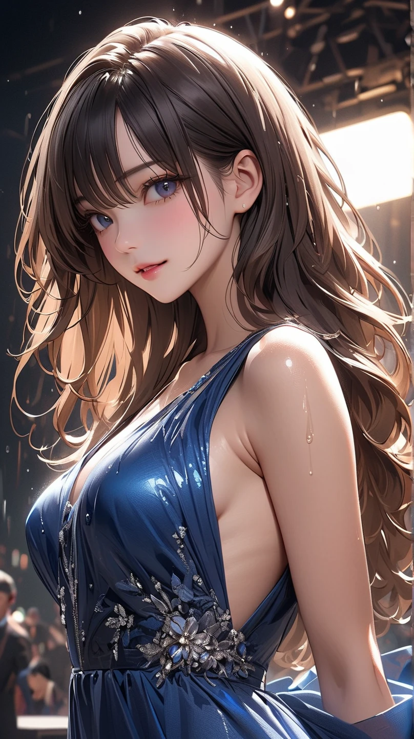 masterpiece, Upper body shot, An attractive 18 year old girl、independent、look forward to、Light eye makeup、Brown Hair Color、Hair blowing in the wind、Quality of actress、Shiny, Ultra-realistic faces、smile、Watery eye、look up、Pleasant lighting effects、 Ultra-Realistic Capture、Very detailed、High resolution 16k human skin closeup, Skin texture must be natural、Must be so detailed that pores are visible、skin is healthy、It must be in the style of a school uniform、Use natural light and color、High quality photos taken by modeling agencies, Exclusive photographer、smile, Loose-fitting, lightweight , Shoulder out, Very good, No sleeve, Huge breasts showing big side boob, Glamorous Body:1.3