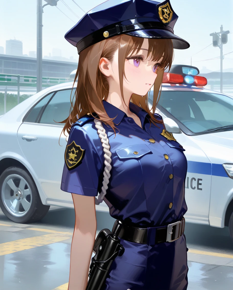 1lady solo, (fearlessly advancing in bank), (police special forces), mature female, /(brown hair/) bangs, (determined expression) brave, (masterpiece best quality:1.2) delicate illustration ultra-detailed, large breasts BREAK (holding (large aluminum shield:1.2) in front of her face) BREAK (bank indoors), incident taking place, tense atmosphere, colleagues, detailed background