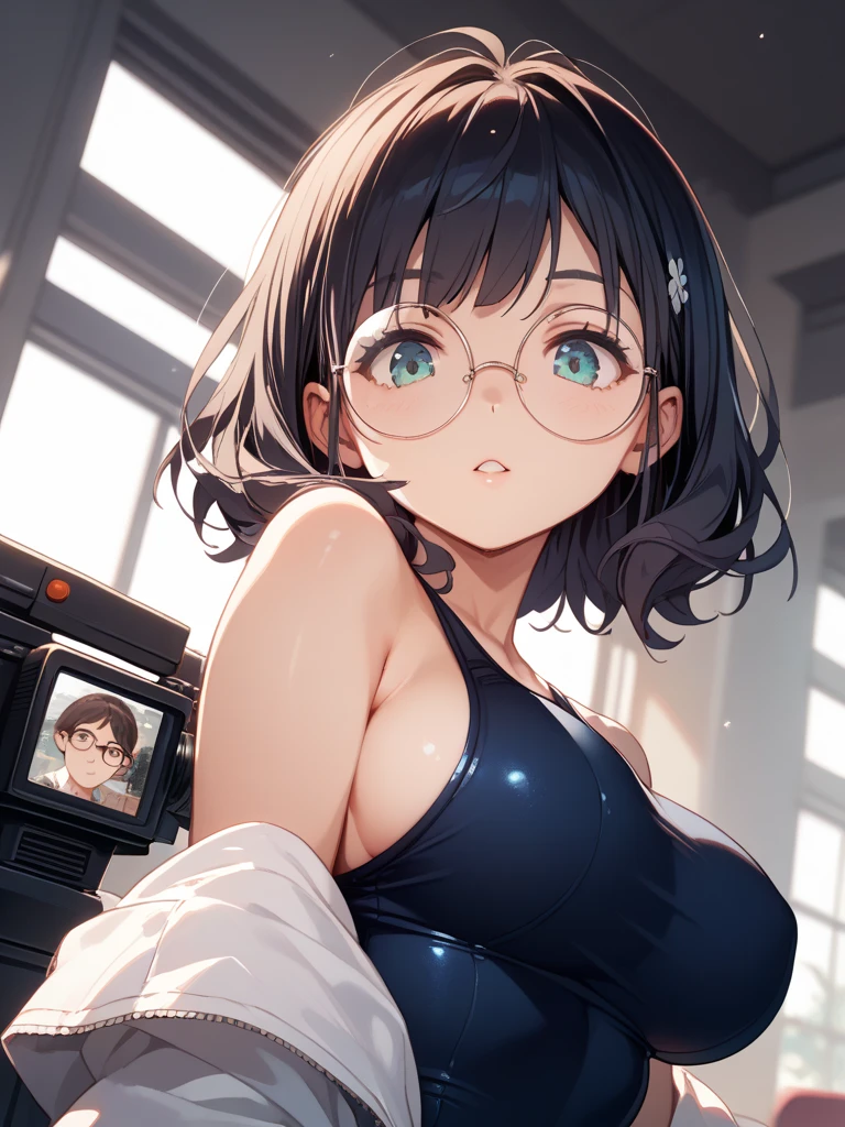 (First Person View:1.2)、masterpiece、Perfect hand drawing、Beautiful body line、beautiful、 (Thick neck:1.4)、Thick body、(Broad shoulders:1.4)、(wide cleavage:1.2) (Makes your face smaller)、(Pointed Chest:1.6)、Model Body Type、(F cup breasts:1.2)、White underwear、(Pure white lace bra:1.2)、15 years old、Sharp eyes、Big moist eyes、Impatience and embarrassment:1.2、((school uniform:1.2))、A half-removed shirt and a knee-length skirt、(Face Focus:1.4)、Disheveled long hair、Glasses、(On all fours, covering the viewer:1.2)、Very detailed, Detailed Background, Cinematic lighting,(Teeth are visible)、(I can see my belly button)