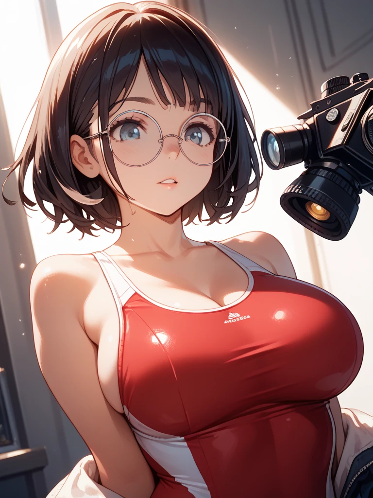 (masterpiece), best quality, expressive eyes, perfect face, demon girl, long light and dark brown hair, brown eyes, perfect round breasts, red erotic bikini, thick thighs, perfect arms and hands, the garden of his house, taking a selfie with the camera