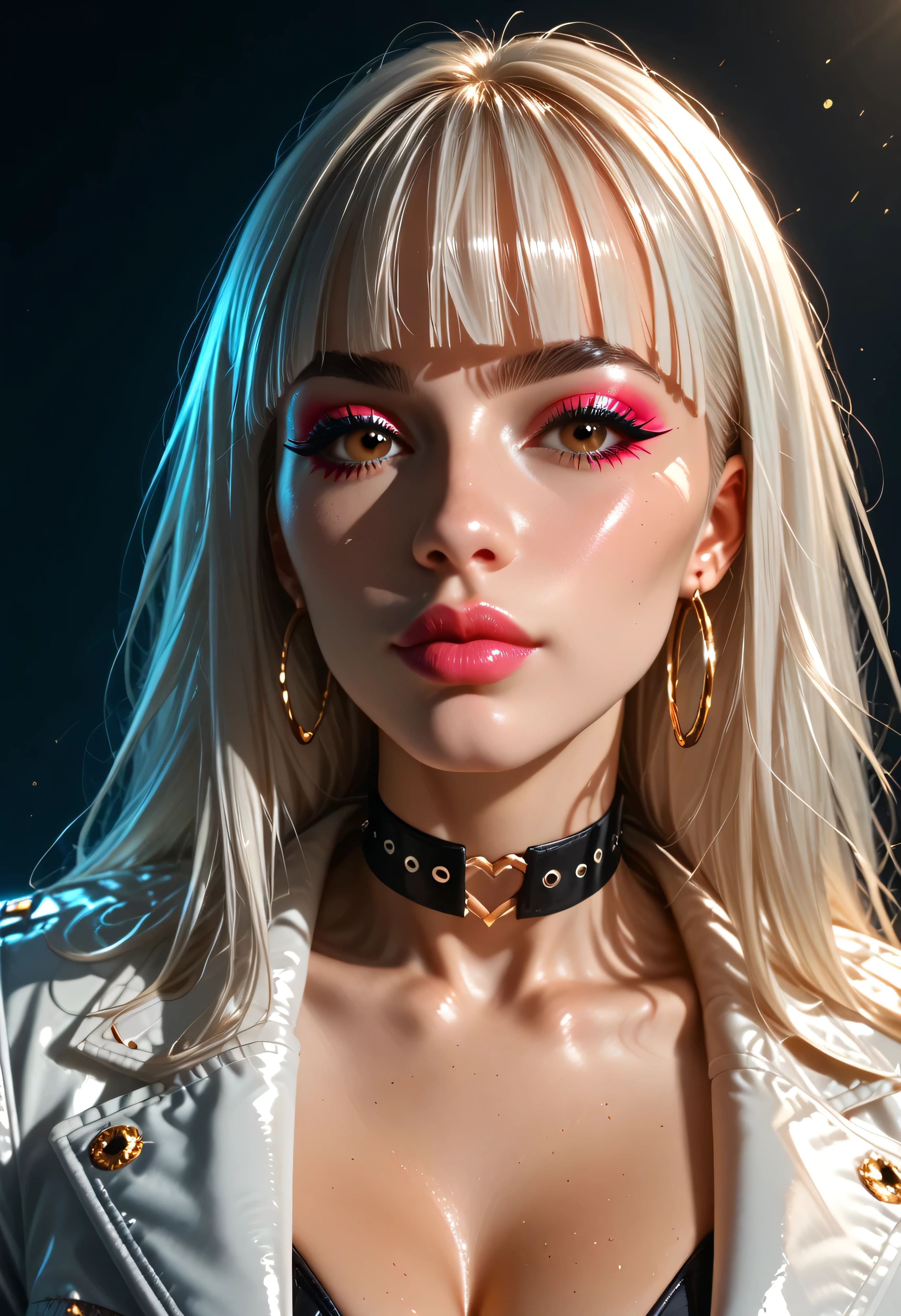 hyper-realistic detail, 8K resolution, ultra-sharp focus, dramatic shadows, cinematic lighting, high fashion aesthetic, dark background, glittering skin, platinum blonde hair, highly cinematic, ethereal glow, 8K, depth of field, focused subject, dynamic angle, sexy pose, best quality, detailed eyes, perfect eyes, realistic eyes, white hair with rainbow colours, long hair, rainbow highlights, blunt bangs, thick eyebrows, black eyebrows, brown eyes, mascara, makeup, pink lips, A stunning cyberpunk-inspired female character with a fierce attitude, wearing a stylish pink bralette and glossy high-waisted black leather pants with white side stripes. She poses confidently under dramatic studio lighting, her toned abs and athletic figure accentuated, styled in a high bun with soft bangs. She wears a silver bomber jacket, large hoop earrings, a bold "YEKZI" choker, and trendy white sunglasses perched on her head. Hyper-realistic detail, 8K resolution, ultra-sharp focus, dramatic shadows, cinematic lighting, high fashion aesthetic, dark background.