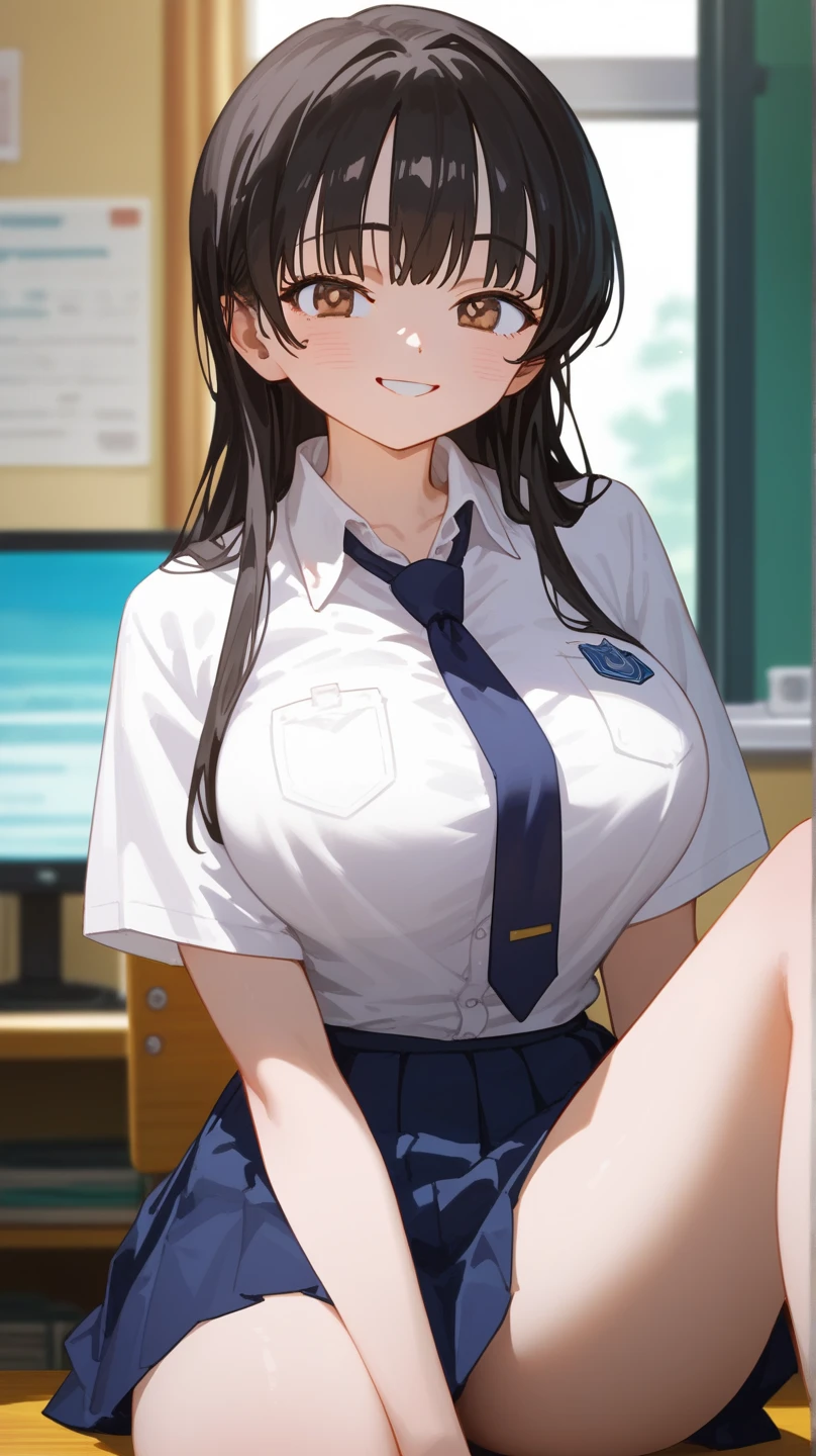 (cowboyshot:1.5),(white thighhighs:1.5),(arms behind back:1.5),(white-shirts:1.5),(blue sailor collar:1.5),(blue skirt lift:1.5),(office:1.5),(white thong:1.5),(thigh),(nipple:1.5),(blush:1.5),(shy smile:1.3),(looking at viewer:1.5), nsfw,(1_girl:1.5),8K,masterpiece,best quality,highest quality,HDR,ultra-detailed,highres,extremely detailed CG,super fine illustration,fine-textured,details,detailed beautiful skin,beautiful face,detailed_eyes,Change the expression without changing the face,(cute,kawaii),(anime),(eyes_in_highlight:1.5),(droopy_eyes:1.5),(tareme:1.5),(Round_eyes:1.5),(down the corners of the eyes:1.5),(yellow eyes:1.3),(hairband:1.5),(black-hair:1.2),((((medium-hair:1.1)))),(F-cup breast:1.5),