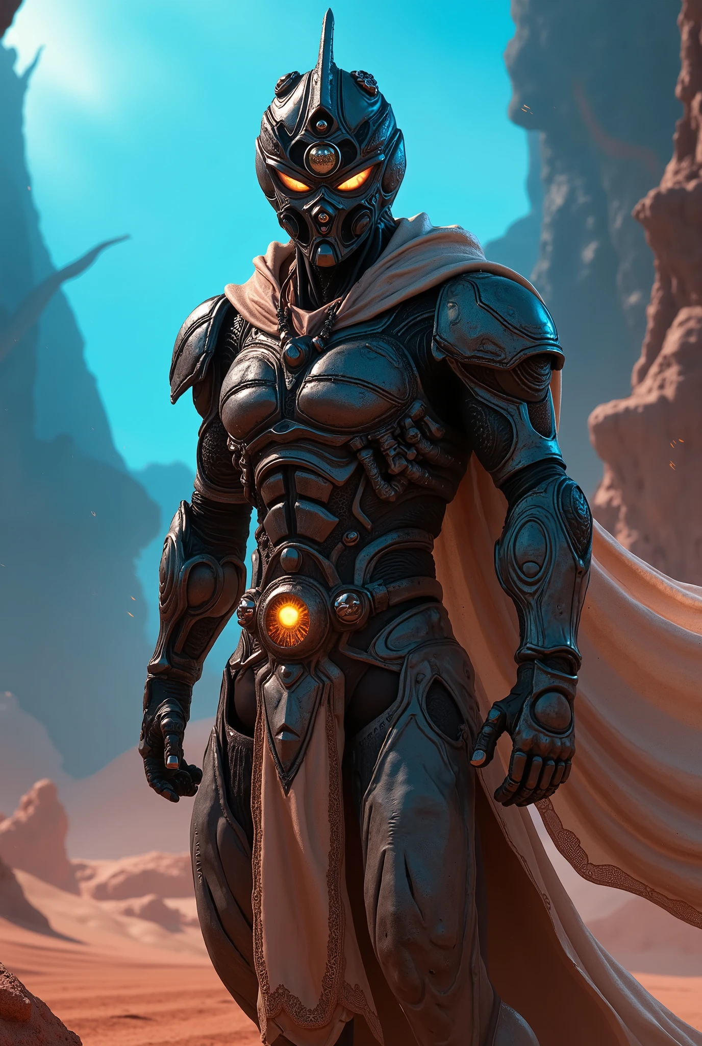 an arabian guyver, detailed futuristic cyborg suit, intricate mechanical parts, Arabian robe glowing energy core, fierce expression, muscular physique,, desert oasis landscape, vibrant blue and orange color scheme, dramatic lighting, cinematic, hyper detailed, 8k, photorealistic, unreal engine, volumetric lighting, ray-traced, octane render