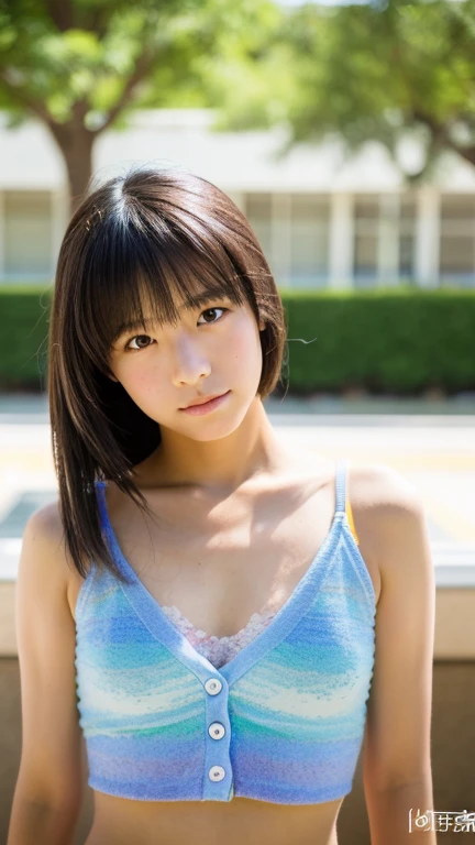 lens: 135mm f1.8,(Highest quality),(Tabletop:1.1), (Beautiful 14 year old Japanese girl), (Moist lips), Narrow eyes, double eyelid,Delicate clavicle,Flat Chest,Shortcuts,
(Let me'Let's take another look), shame, A faint smile,
(Spotted sunlight:1.2), Dramatic lighting,
(White camisole), (Sunburned skin:0.2),Full body photo、Full Body Focus