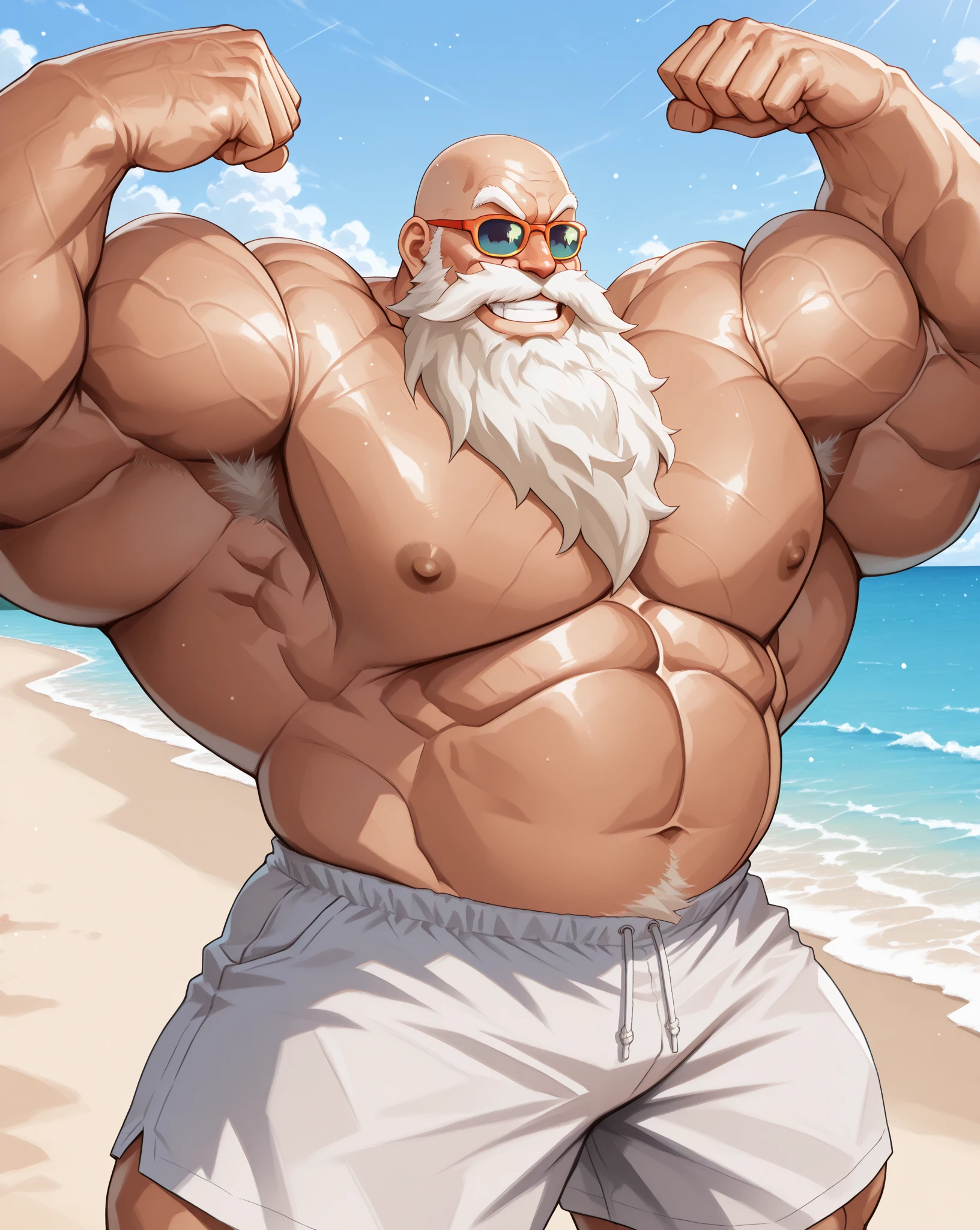 intricate detailed eyes, masterwork anime illustration, perfect proportions, powerful muscular body, perfect hands, veiny muscular body, thick arms, large biceps, masterwork anime screenshot, detailed muscle, old man, long beards, thick mustache, good anatomy, masterpiece, art winner, beach, extremely huge muscular, massive muscular, full-body, well-muscled old man. ((extremely muscle size, super thick arms, huge pec, extremely wide pectoral , huge arms)). and add details to make it attractive and interesting. Add textures and details to make the image more realistic, Make sure the resulting image is high resolution, 8K quality." (best quality,4k,8k,highres,masterpiece:1.2),ultra-detailed,(realistic,photorealistic,photo-realistic:1.37),dramatic lighting,chiaroscuro,atmospheric,moody,cinematic