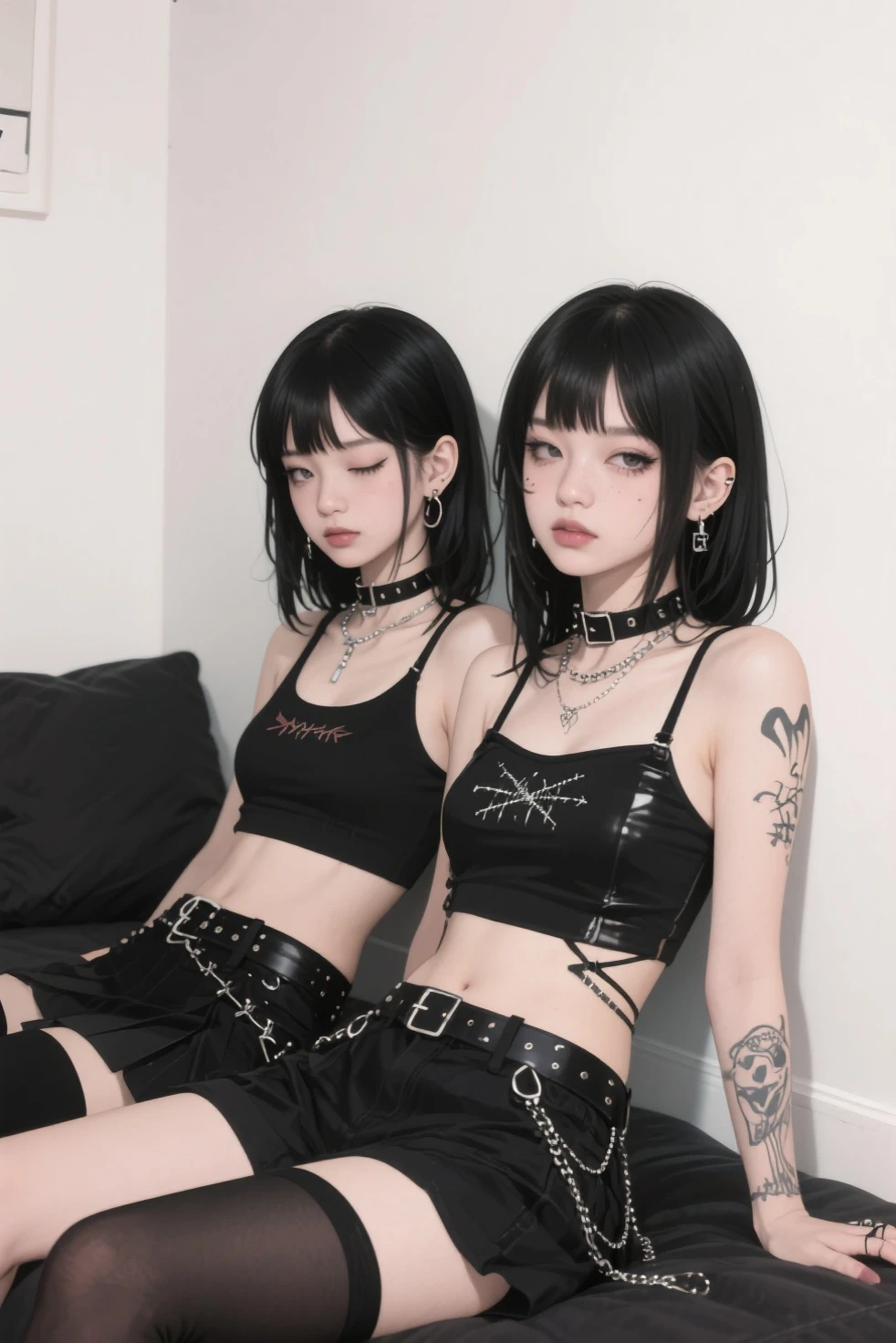 Dos mujeres con pelo corto y medias negras posando para una foto., gothic girl aesthetic, cruel korean gothic girl, con negro, gothic aesthetic, 1 7 year old anime gothic girl, ulzzang, darkwave gothic aesthetic, yoshitomo nara and aya takano, en blanco y negro, 1 7 year old gothic girl