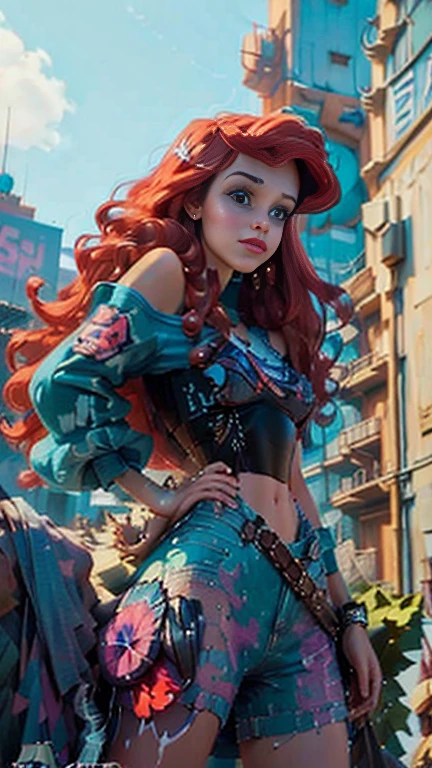 This image represents a beautiful scene from the fantasy world. It is during the day or early afternoon and the atmosphere is calm and great. In the foreground a female character appears sitting with her back to the viewer. She has long red braided hair and wears a plaid miniskirt with stockings and a tank top, very sexy, rope belt. In the background, we see a magnificent city built on a steep mountain or island. The city's architecture is reminiscent of the Middle Ages and the Renaissance, characterized by tall spiers and dense buildings and futuristic elements. High above the city, there are buildings that look like castles and palaces that rise above the rest. Below the city, there are lush green fields and scattered small buildings, which may be farms or towns. The landscape is lush and green with trees surrounding the settlements. Several ships are anchored at the foot of the mountains and islands, suggesting that the city is an important port city. The sky is light blue with very few clouds, indicating that it is daytime or early afternoon. The overall atmosphere is calm and grand, suggesting stories of adventure, exploration, or political intrigue in this fantasy world (art inspired by Bill Sienkiewicz). oil painting)