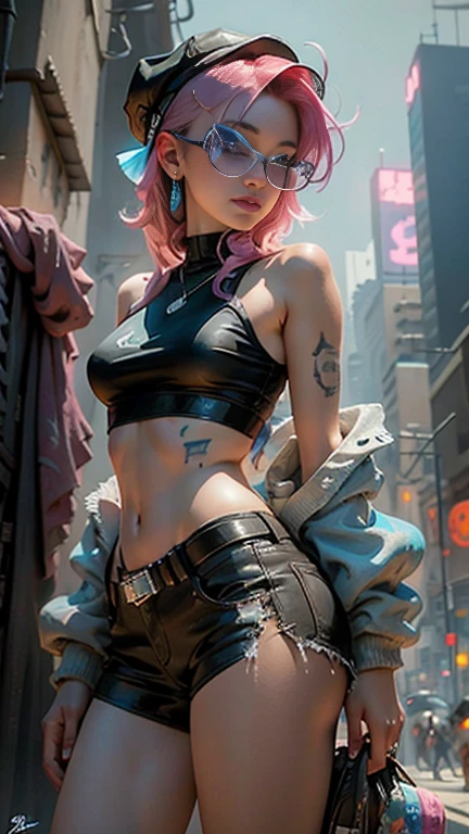 1girl,breasts,cyberpunk,lips,looking at viewer,navel,pink hair,solo focus,