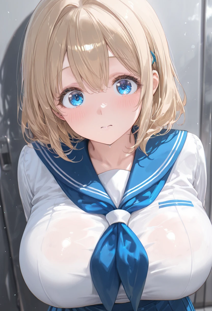 SFW, highquality illustration, masterpiece, very delicate and beautiful, 1 girl, (full body:1.5), (from below:1.3), seductive smile, (huge breasts:1.5), cleavage, wet skin, ((g-string panties:1.7)), ((sailor, sailor uniform)), school, school infirmary, infirmary, spacious, roomy, bed, on bed, blonde, bob hair, (detailed eyes:1.5, shining eyes), beautiful eyes, (masterpiece, best quality:1.2), (wide shot:1.4), highres, perfect lighting, Colourful, ultra-high res,4K,ultra-detailed, photography, 8K, HDR, 23 years old