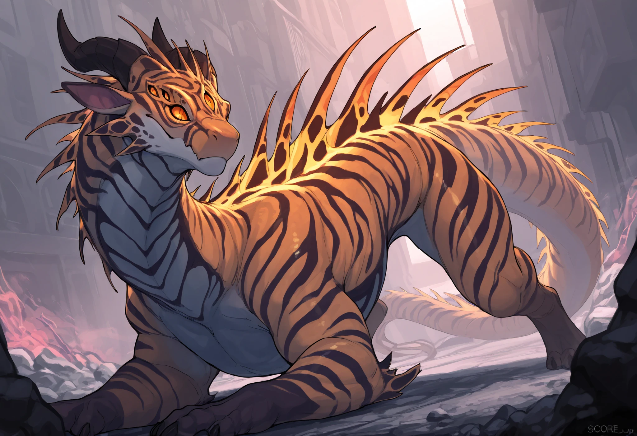 score_9, score_8_up, score_7_up, score_6_up, masterpiece, best quality, amazing quality, very aesthetic, absurdres, newest, solo, alien dragon, feral, additional eyes, xenomoprhic body, alien shape, exotic stripes, short, horns, mouth closed, rich colors