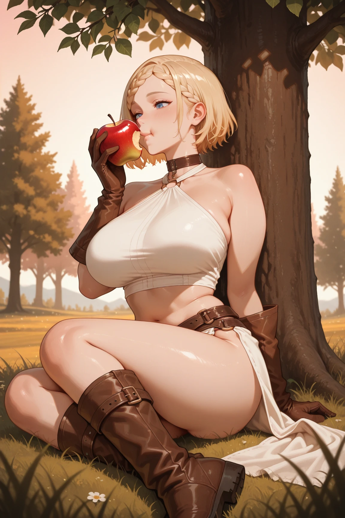  I would like to commission a highly detailed and realistic masterpiece of a beautiful woman hiking in a stunningly beautiful, bright day mountain setting. The woman should have long golden hair, with elements of Christina Fink, Naruto female version, and Mawile (Pokemon) present in her appearance. The woman should have large, sagging, and perfect breasts (boob size 3) with milk and an "apple" shape. She should have a perfect, curvy and thick body with an "apple" shape butt. The image should be in 8k resolution, and feature Utopic Realistic style. The environment should be a gorgeous mountain scenery. The woman should be holding a Pandora's Box representing wrath in the image. The artist for this image should be gtunver. Because her breasts look like two big basketballs around her.
