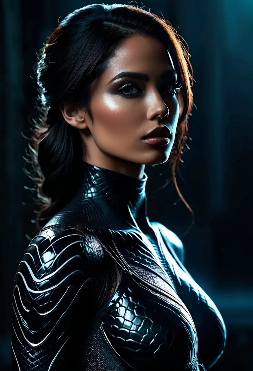 epic deadly cyberpunk busty shruthi hassan in silhouette pose, 25 years old, Busty Savitha Bhabhi, highly detailed and intricate Quantum charcoal Levitation, Miki Asai Macro photography, close-up, hyper detailed, trending on artstation, sharp focus, studio photo, intricate details, highly detailed, by greg rutkowski