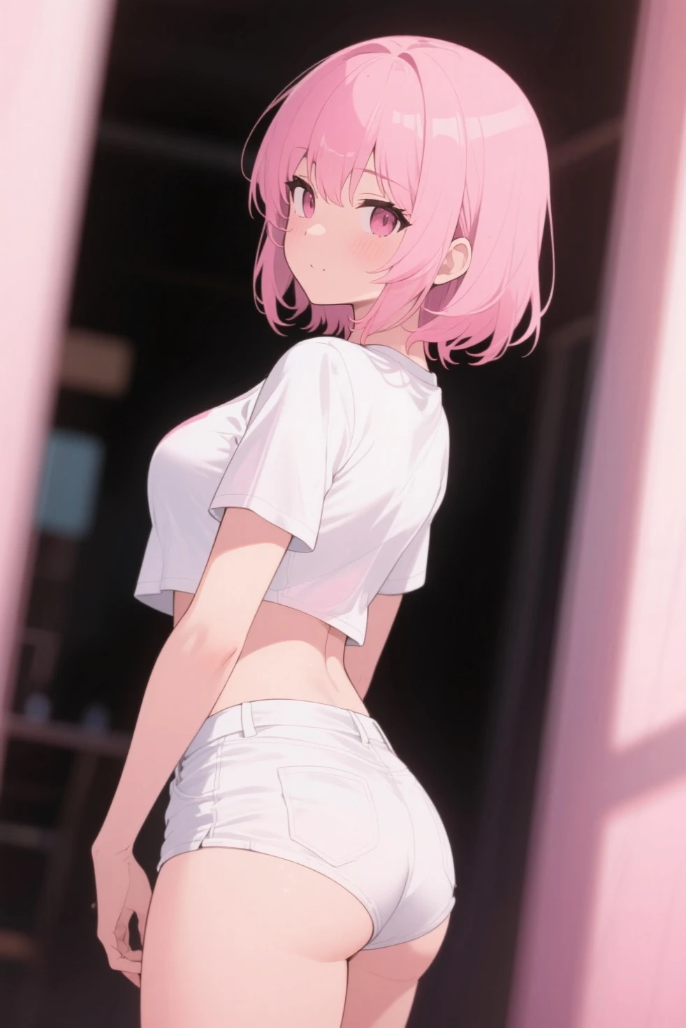 ((masterpiece,Highest quality:1.3,best quality illustration)),cowboy shot,1woman,16-year-old Japan beauty,((very small head:1.4)),short bob hair,bangs,(pink hair),brown eyes,gorgeous eyes,shy,medium breasts,((very long body)),(White T-shirt、Grey micro shorts),(toned body,slender body,skinny),gleaming skin,shiny skin,oily skin,standing,Simple bedroom、simple hotel、Tokyo