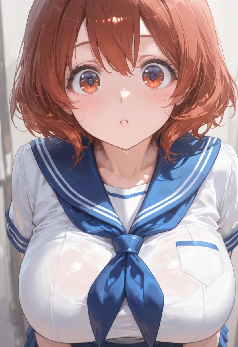 masterpiece, best quality, highres, short hair, hair ribbon, green ribbon, hairband, sailoruniform,((woman on top,vaginal,sex))