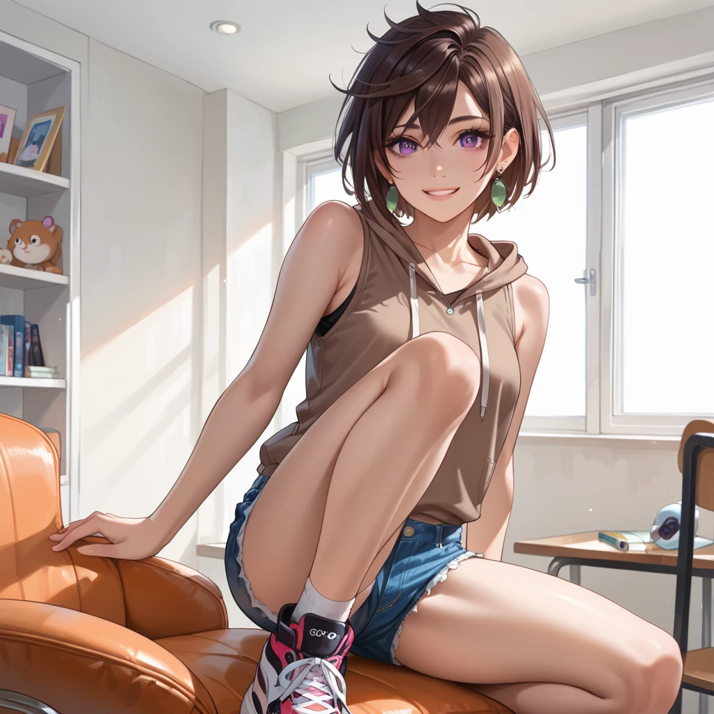 merula, pose sexy, pink High heels boots, Sexy sports bra, micro short denim, Whole body, thighs, sitting pose, solo girl