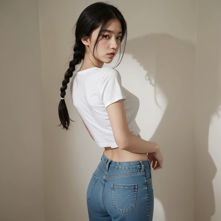 Highest quality,.masterpiece,Raw photo,8K,Best image quality,Highest Resolution,Beautiful face in every detail,Very detailed,Gentle expression,One Woman,Realistic,photo Realistic,Long Hair,Beautiful woman,Cute Japanese Girl,mannish,Beautiful woman,Her eyes are big,20 year old beauty,Her face is small,Small Head,Long neck,Pale skin,With bangs,8 heads,Sweat , Wet,Face Focus , From behind , Recall , Skinny body ,T-Shirts , Lift up your shirt,jeans ,Low-rise pants ,Back Focus ,put one's hand inside her jeans,