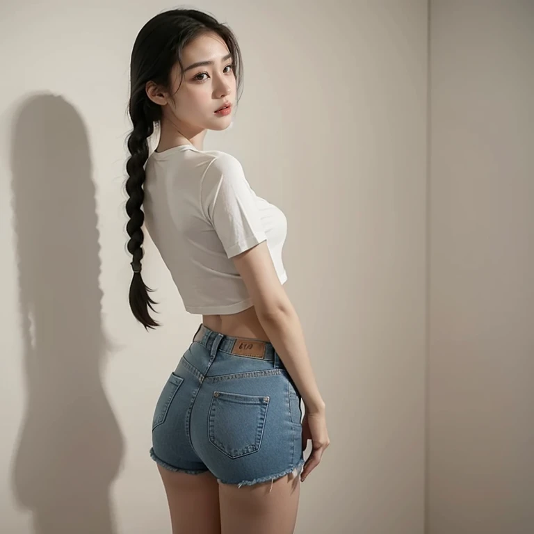 Centrado, mulher de 22 anos, rosto puro, rosto bonito, messy long hair, hands behind the back, topo de corte, umbigo,  shorts jeans abertos, quarto de hotel, Bokeh, profundidade de campo, | sombras do hiperelismo,