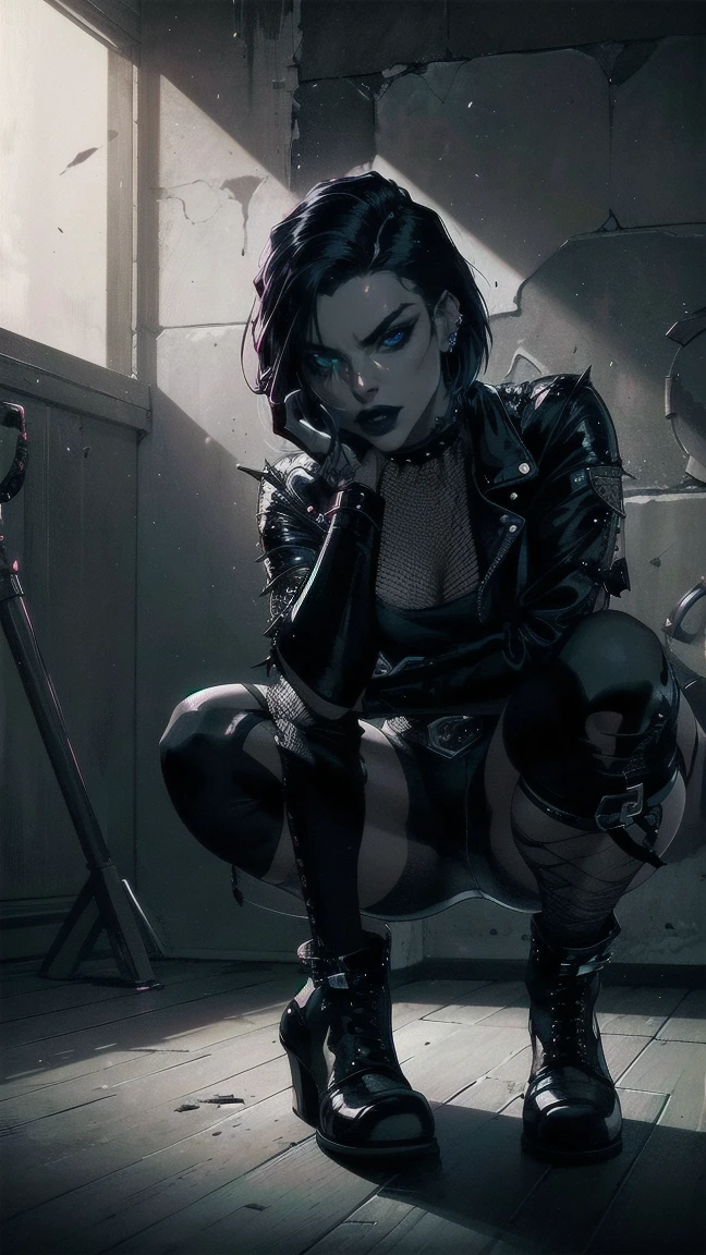 (best quality, highres, masterpiece:1.2), detailed eyes and face, beautiful detailed lips, long eyelashes, strong and confident pose, fierce expression, dark atmosphere, black high heels, high contrast lighting, strong shadows, gritty texture, edgy, urban, concept art style, dramatic color grading, monochrome color scheme. , (woman sitting on the ground.)