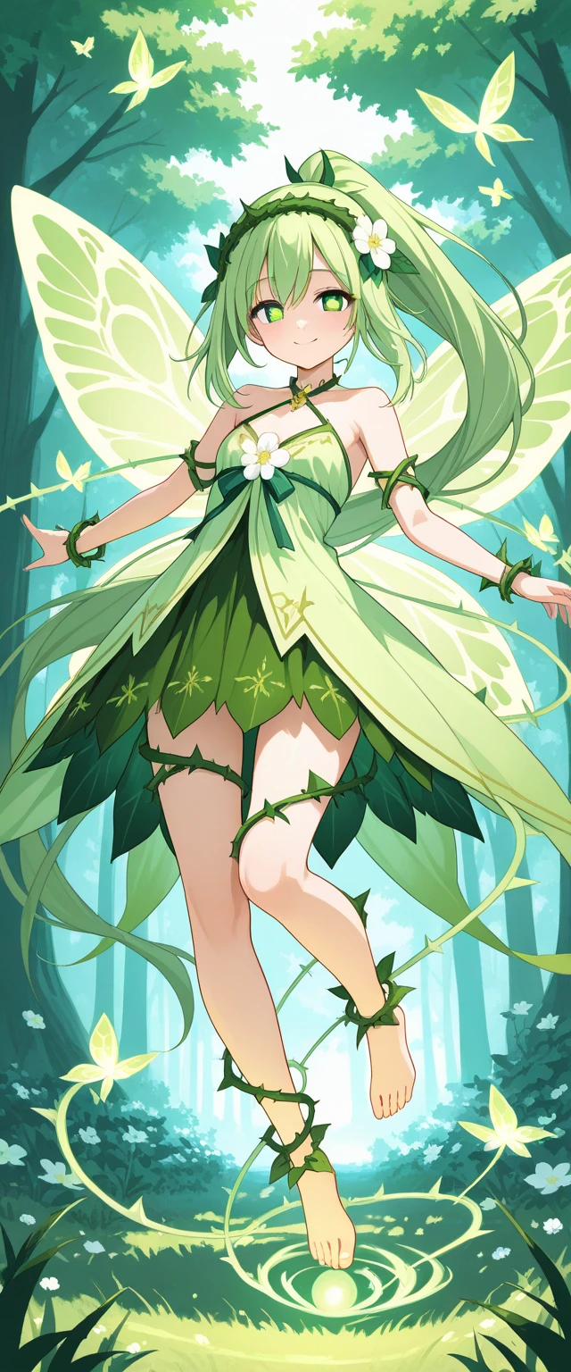Anime girl in green and black costume on wings and green background, pixie character, fairy, forest fairy, insect trainer girl, brunette elf with fairy wings, pixie, cute 3d anime girl rendering, April rendering, fairy dance, open legs
