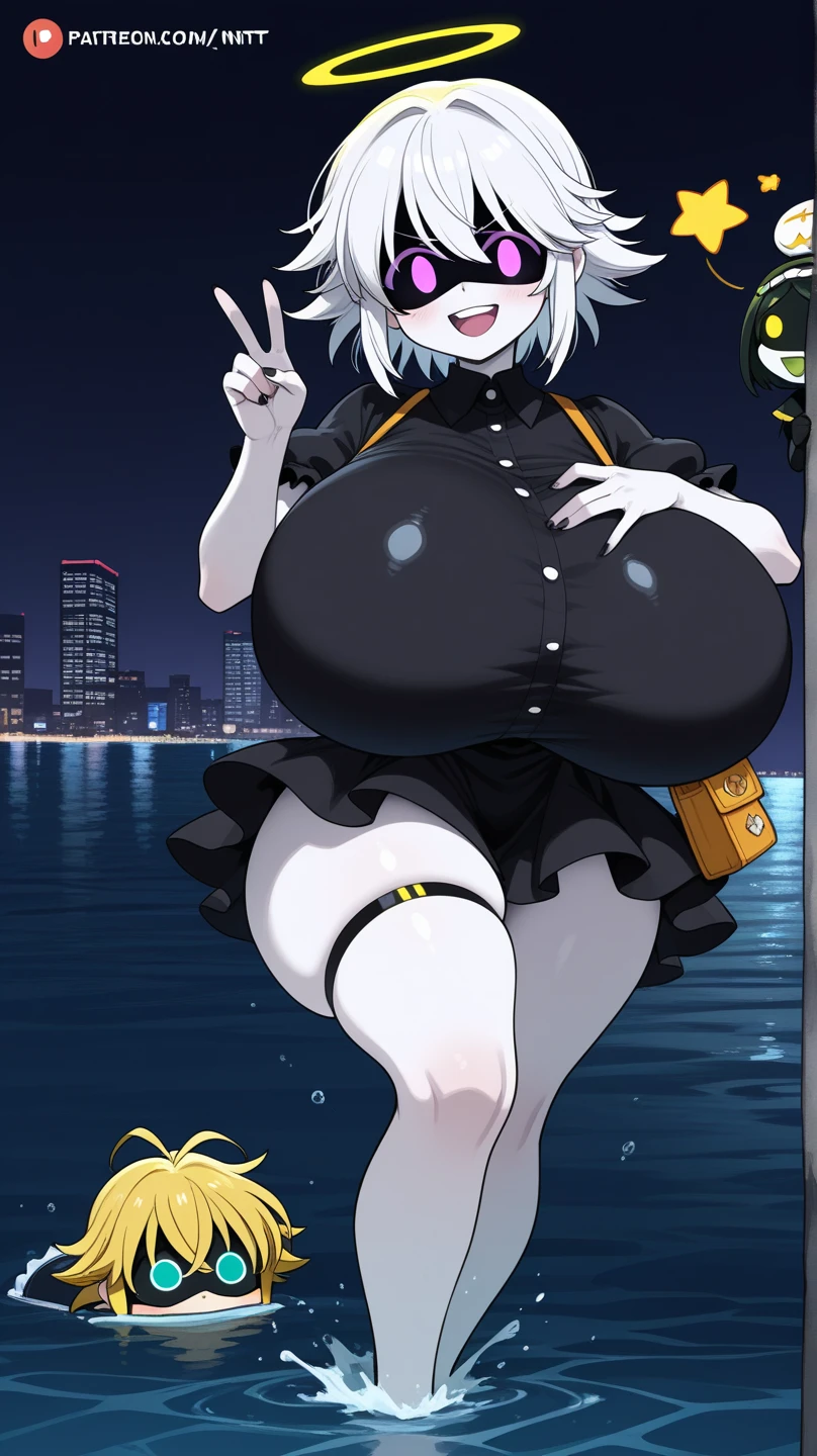 Hentai、Highest quality、A short, chubby, busty gal spreads her legs and flirts with men at a port town night carnival、Perfect proportions、Abigail Williams、Overwhelmingly large breasts、Plump thighs、Stick your tongue out、Fatty legs、Beautiful sparkling eyes、smile、Blushed、Cowboy Shot