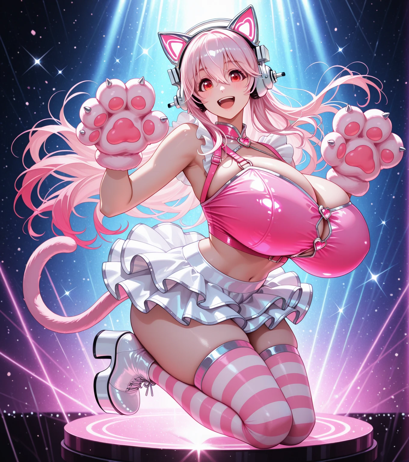 Happy woman, with wolf ears and pink hair, holding her cheeks, wolf tail, wearing a latex dress, looking at veiwer, full body, you can see her chest, naked breasts