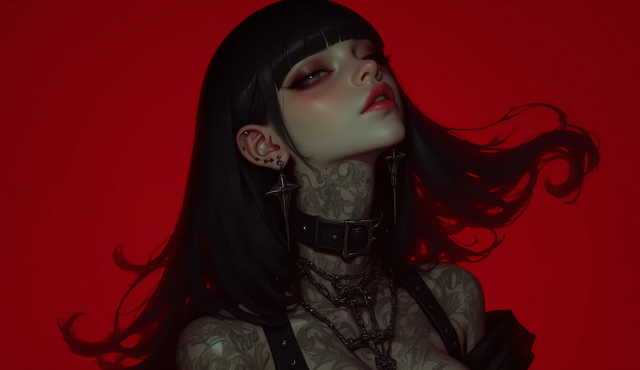a beautiful emo girl, dark makeup, black hair, pale skin, piercing gaze, choker, ripped fishnets, black leather jacket, dark aesthetic, moody lighting, cinematic, dramatic shadows, neon signs, cyberpunk, dystopian, intricate details, highly detailed, masterpiece, 8K, hyper-realistic