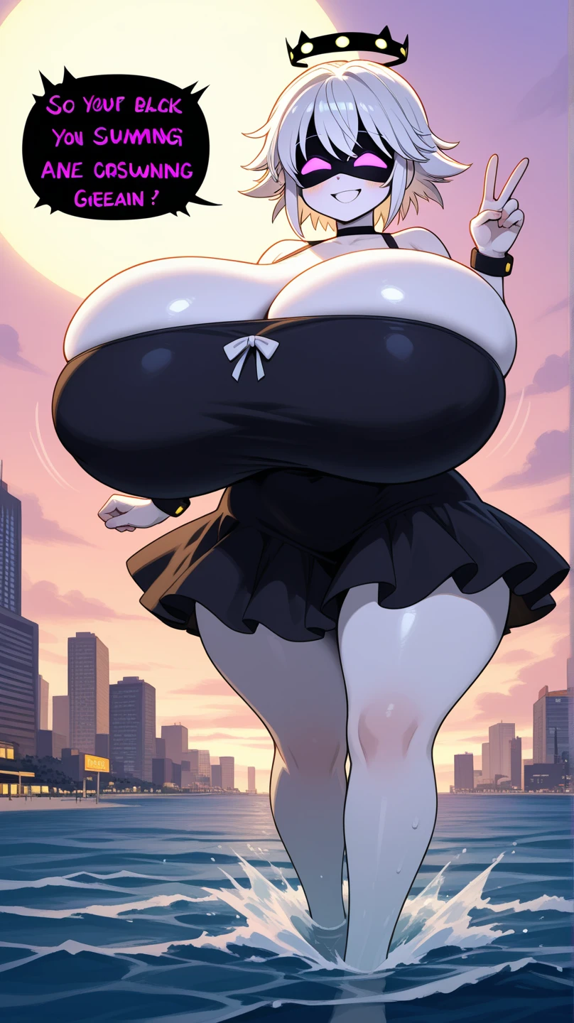 white short hair, Giant breasts, giant hips, black jeans red and white stripes t-shirt, embarrassed, mime, in city