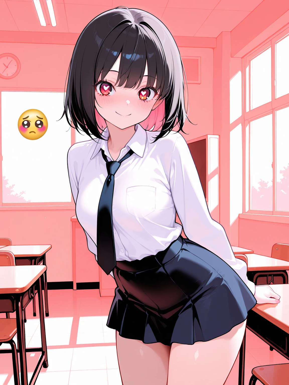 peniparker, small , sleeveless,,miniskirt,black thighhighs,indoor,looking viewer,smile,classroom,standing,arms behind back,(spoken heart)