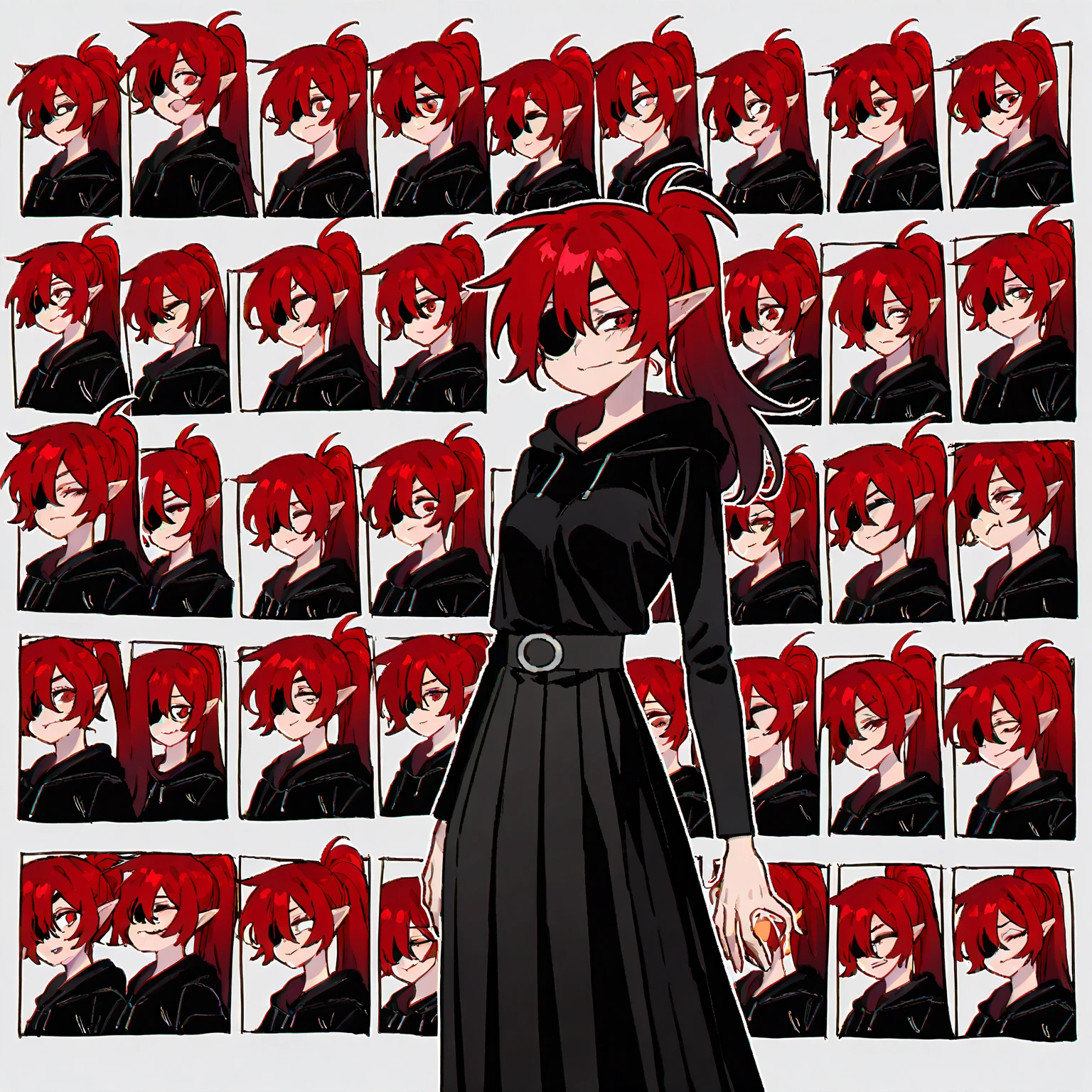 Black Long Skirt, Black Hood, Black Eyepatch, Red Eyes, Red Hair, Long Ponytail, Manga, Skinny, Cheerful, Small , Anime Signature, High Quality, Super Quality, Eboy, , Skinny, Vector Art, Too Much, Anime Girl, Slight Red Highlights, Medium, Bite, Extreme Love, Elf Ears