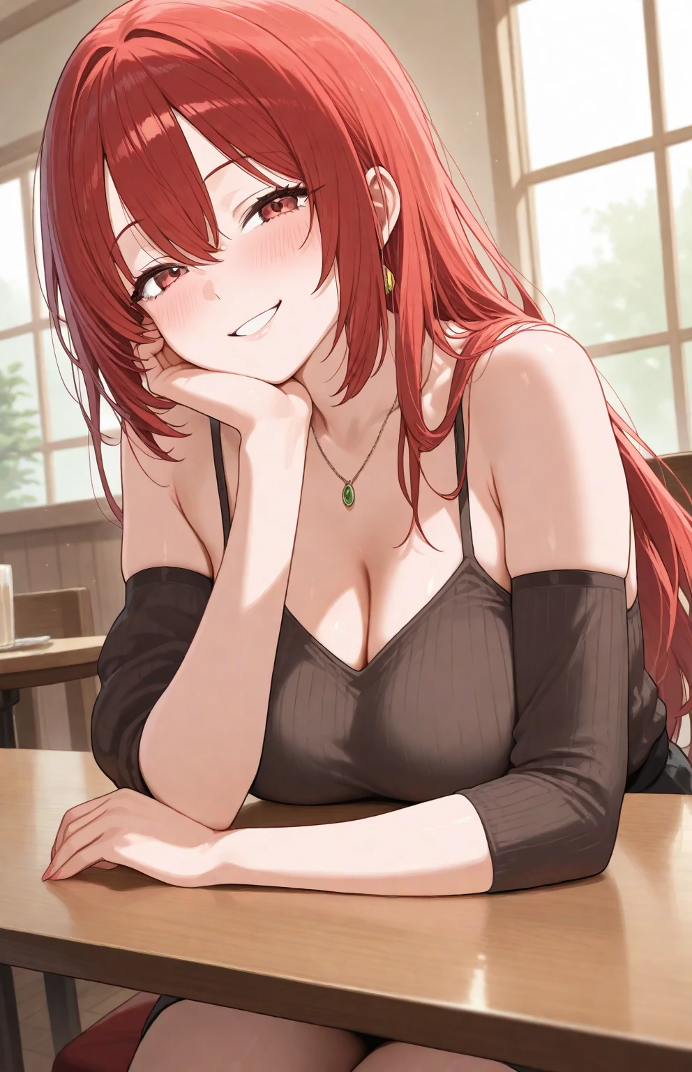 Placing hand on cheek, Biologically correct five fingers、Realistic, real person, RAW photo, photorealistic, portrait photography, shiny skin, 18-year-old female、(ponytail) and (red hair) and (red eyes), BREAK (black:1.2) and (off shoulder blouse) BREAK、(grin:1.2), open mouth, The background is the interior of a restaurant、alone、Are standing