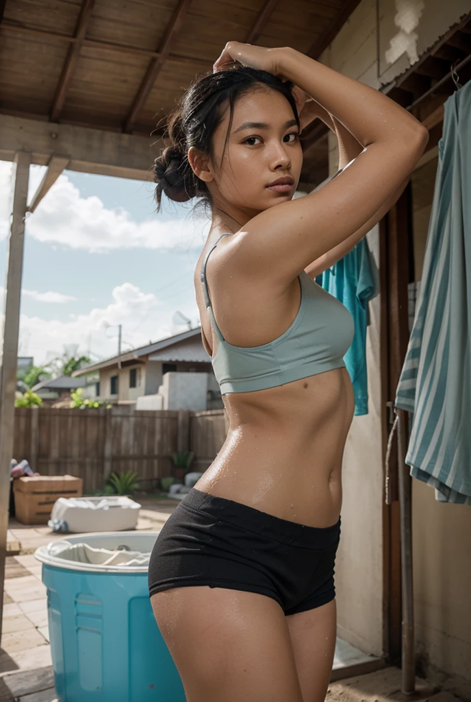 cute malay girl, sexy, steamy, very wet, skirt, towel, singlet