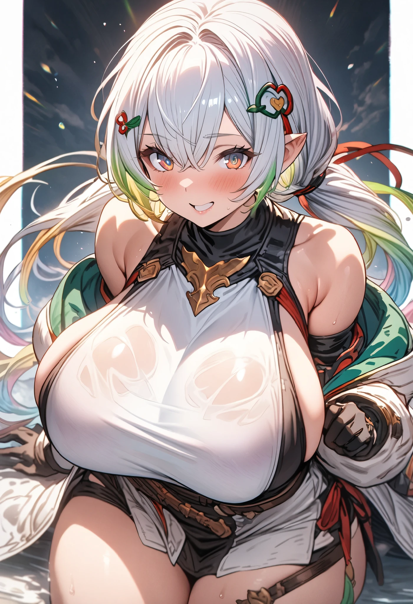 ((monsterhunter)), looking the viewer, solo, girl, shy, red cheek, bashful, embarrassed, smiling, perfect face, muscular, ((big breasts)), ((big boobs)), long hair, beautiful eye, warrior