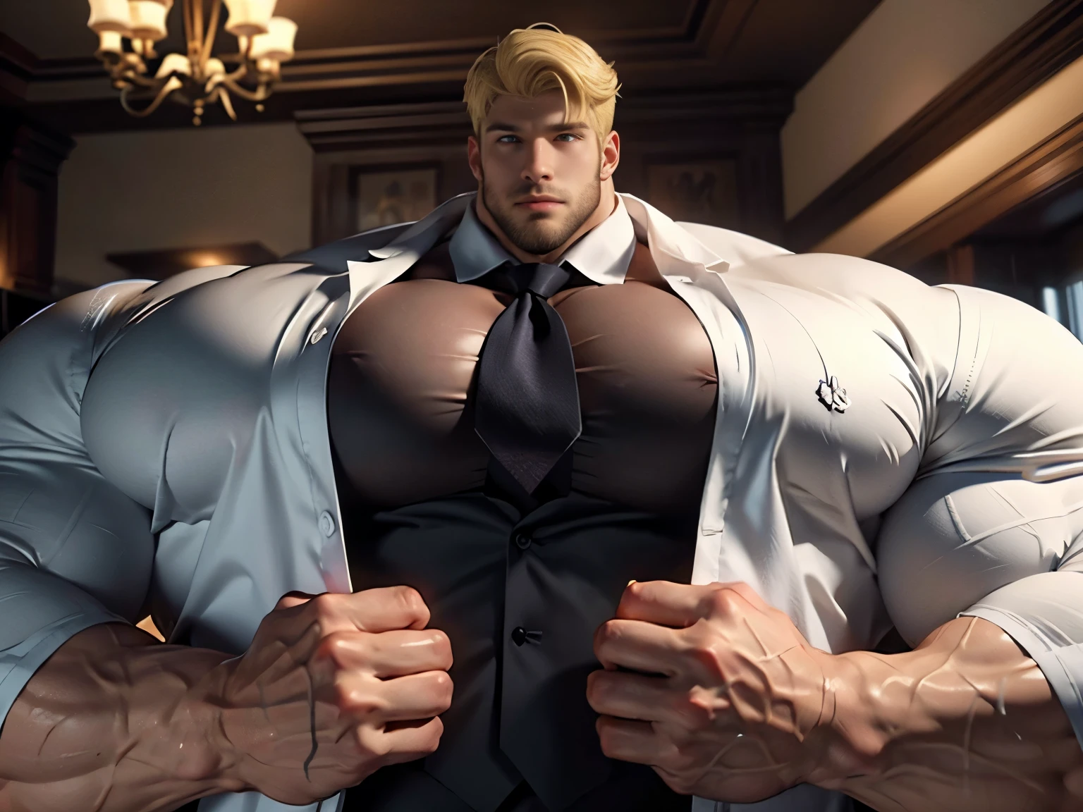(best quality:1.5, hyperrealistic:1.5, photorealistic:1.4, madly detailed CG unity 8k wallpaper:1.5, masterpiece:1.3, enthusiastically detailed photo:1.2), (hyper-realistic lifelike texture:1.4), highly detailed, ((masterpiece, best quality)) ,extremely detailed 8K wallpaper, 1 korean male, (korean man with k-pop idol look), 20yo, handsome, detailed face, heavy muscular, stubble, formal suit & pants, prominent bulge, photo real, illuminating light, sexy, big, brutalmass, giant, muscular body, bulk, massive body, large size, smile, office