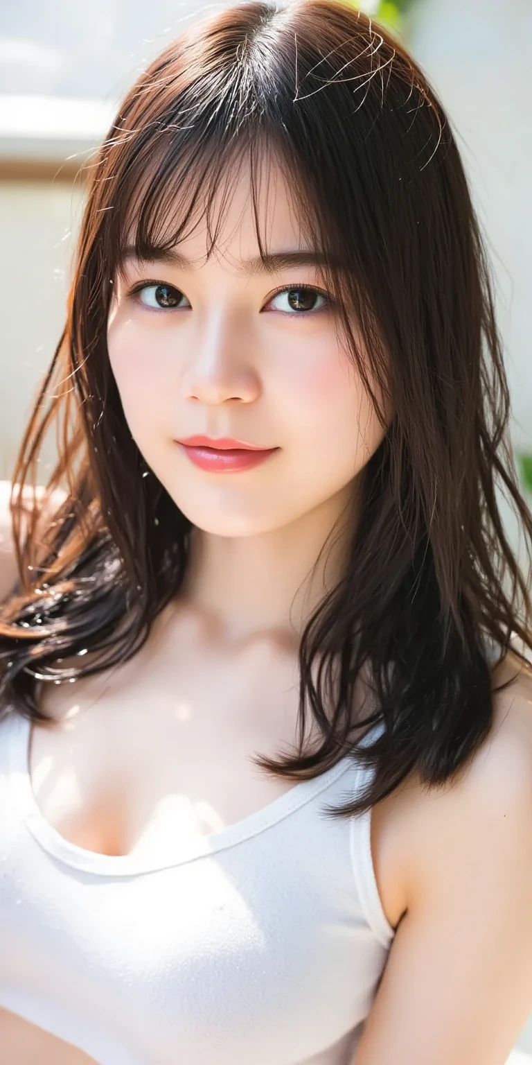 (highest quality), (Ultra-detailed), (Lift up your shirt、Underboob:1.3), (Detailed light), (Very delicate and beautiful skin、:1.3), 1. Young Girl, Brown Hair, Brown eyes, model, highest quality, Highly detailed CG synthesis 8k wallpaper, High-definition RAW color photos, bright、Sexyse、(Are thin:1.4)、Normal size breastsful breasts、hort hre standing、Naughty pose:1.2))、Cowboy Shot