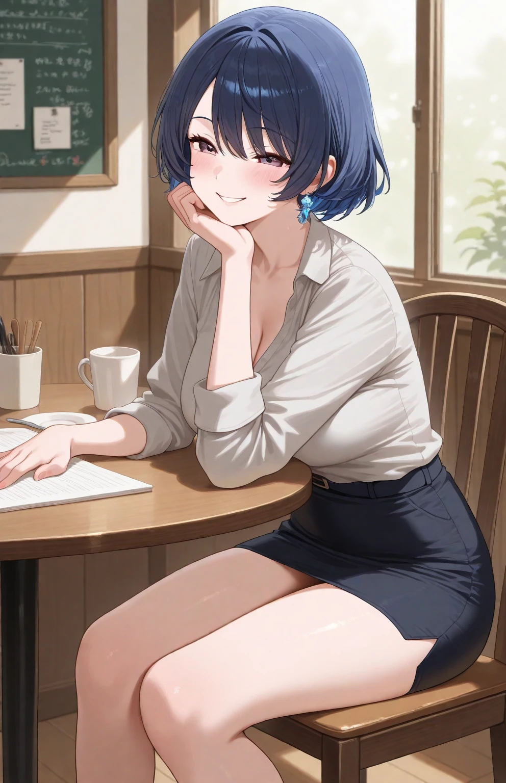 (Masterpiece:1.21),(FHD),(16K),(Top Quality:1.24),(Super Resolution),(Superb Illustration),(Best Shadow),(High Quality),(Super Detail:1.15),(Super Detail), Superb Detail, Elaborate,1 Woman, Japanese Woman,(Housewife:1.5),(40 Years Old:1.3),(Attractive Mature Woman:1.66),(Middle Age:1. 49),Casual, simple blouse,V-neckline,knee-length skirt, blouse in bright colors,pastel shades,(((cafe interior,in room))),(laugh:1.4),(small breasts:1.81),((graduated haircut)),