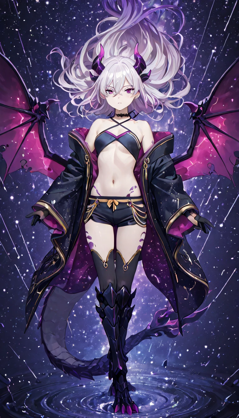 Vampire Queen Combat Dress (Radiant Royal Cloak: 1.2) Black and Purple Color, (extremely delicate beautiful eyes and depression but arrogant eyes), (multicolor, ponytail, iridescent hair, colorful hair, half purple and half pink hair: 1.3), (magical, mythic,fantasy), (Super Model Body Shape, idol, seducing body, attractive, gorgeous, charming, majesty, Sexy Devil aura), Original Character, Masterpiece, Tempting Purple Eyes, Purple Gemstone Accessories, Gold Belt, Gold Necklace, Wind Evil and body floating effect, Soft Moonlight, unique crown, (Corruption Tattoo on 1;1.25), (holding a Giant Scythe 1:1.3), 16k wallpaper style,bare shoulders, cute, petite, solo, stars, stardust, shiny body detailed, killing scenario, legend, horny blush, pink lips, cinematic lighting, full body close-up, scale up, twilight, perfect weapon