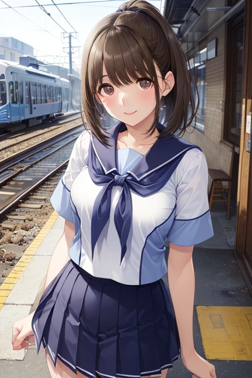 Highest Quality、HD Images、masterpiece、Detailed Background、(very detailed face:1.3)、(detailed eyes:1.Age beauty、perfect body line、is anatomically accurate、Light-colored hair 、braided bob hair、ponytail、station platform waiting for streetcars、short sleeve white sailor suit、Navy Blue Mini Pleated Skirt、 navy blue neckerchief、very short miniskirt、Bare thighs、、big smile、
(station platform waiting for streetcarsで電車を待つ美少女:1.5)、、( Beautiful Girl Waiting for the Train :1.3)、cute,
,、
,((( masterpiece, Highest Quality, high resolution, 超 high resolution, pixel perfect , description boundary, 4K, RTTX10.0))),
、Anegasaki Nene, shiny brown hair, beautiful brown eyes, smiling face, sparkling pupils, (fine grain), , highly detailed face,, (masterpiece:1.2, best quality), ((only1 girl)), ((cowboyshot:1.5))