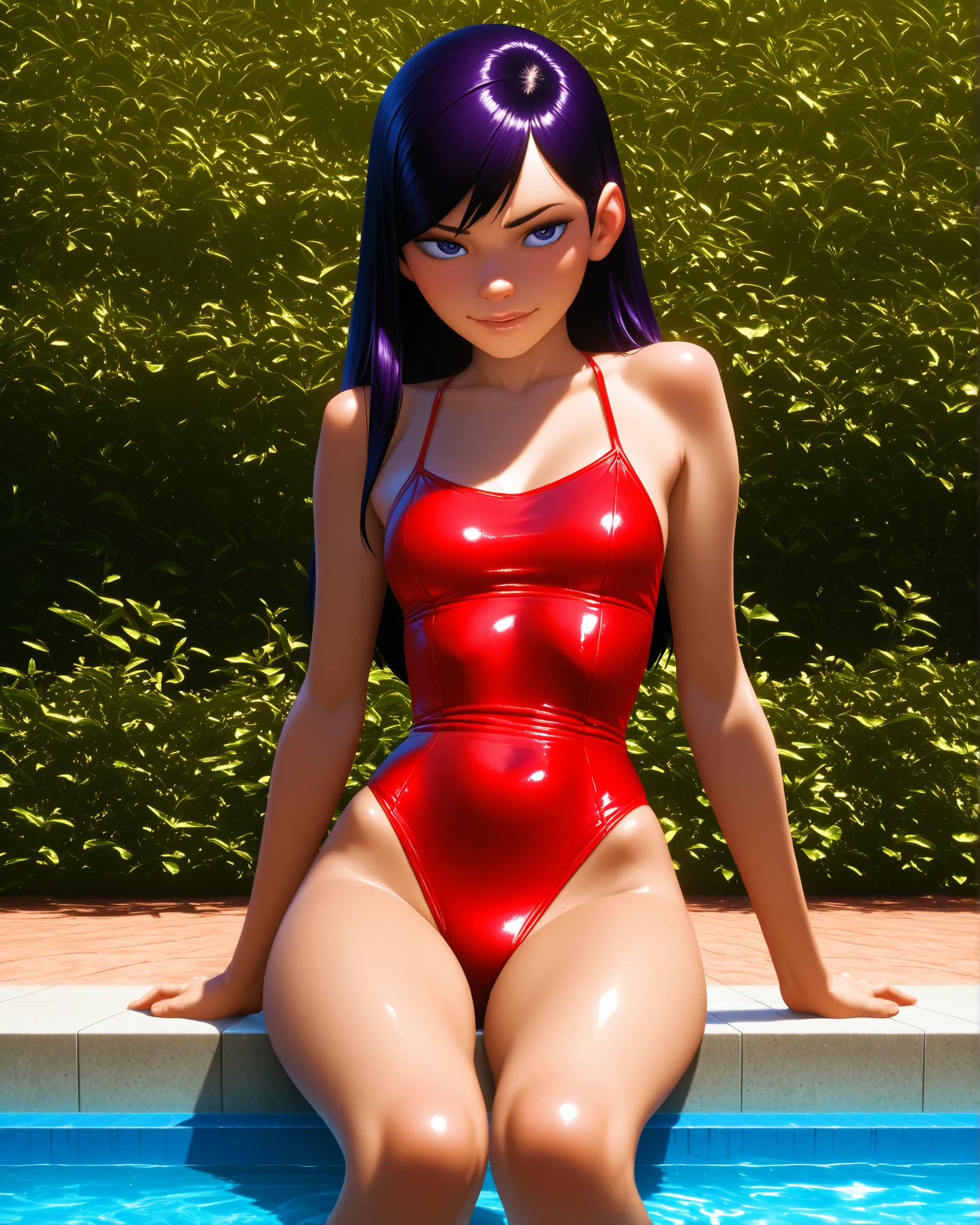 A beautiful girl (Violet Parr) wearing a sexy and shiny V swimsuit red color, relaxed and sittting in a pool in a garden, extended arms. sexy beautiful body, beautiful seductive look, best ilumination, animation, one girl, intrincate, perfect, focused, detailed, photorealistic, Ultra HD.