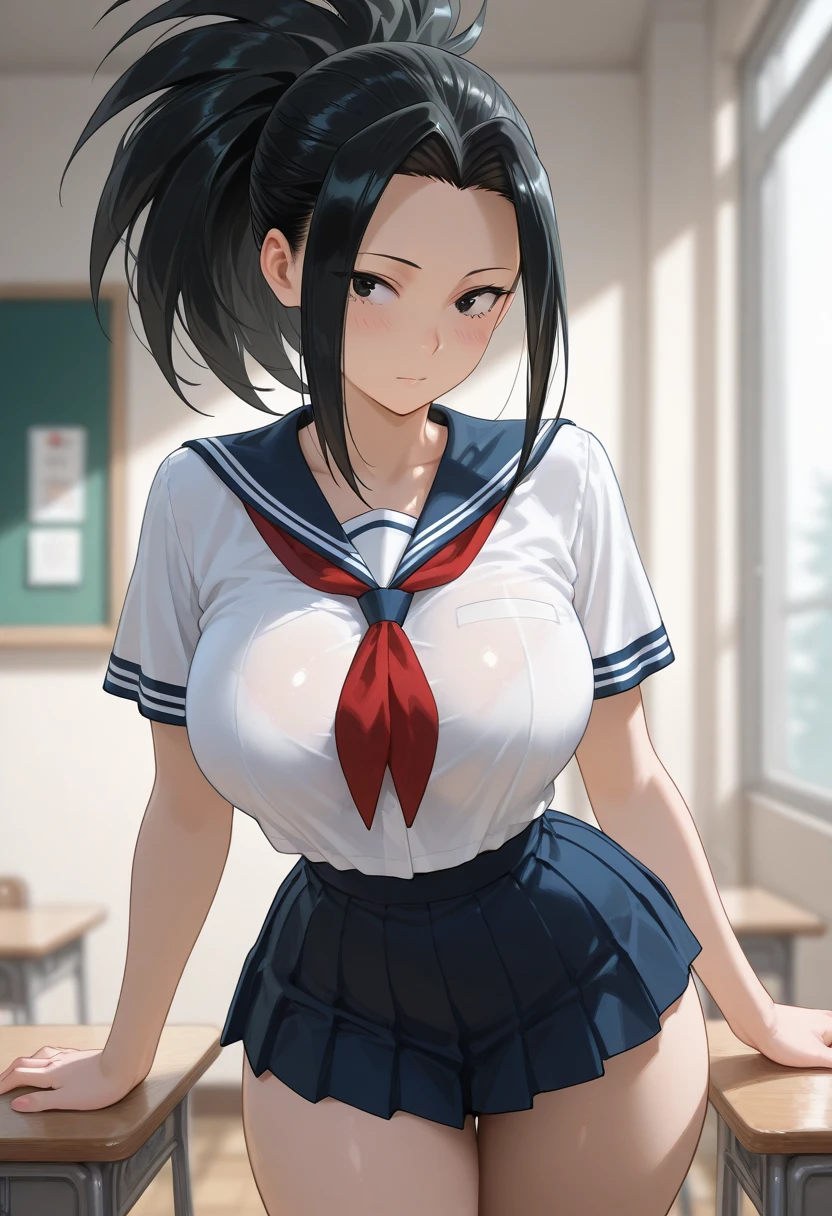 high school girl、beautiful girl、Black Hair、Big breasted body type、Big Hips、From behind、Sailor-style 、She is flipping up her navy blue pleated skirt、Flushed Cheeks、Moist eyes、Shy expression、The veranda on a rainy day、Erotic atmosphere、Immoral scene、Sensual scene、Wet Hair、Wet Skin、Wet clothes、