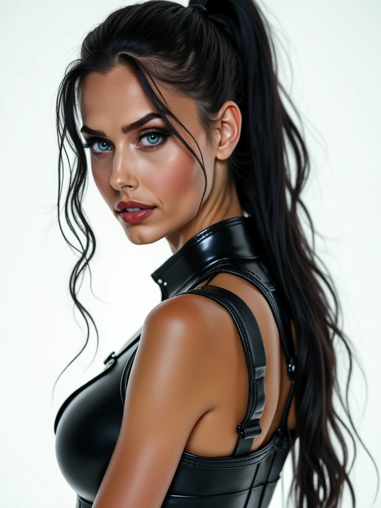 Gorgeous european woman with very short hair, hair in a ponytail with a fringe, wet hair, hair slicked back, combed straight back, slick hair, streaked brown hair, seductive pose, Shantel vansanten, dressed in a dingeons and dragons costume, cleavage, solid dark grey background