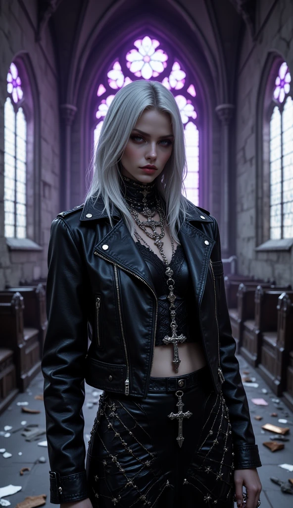russian old milf woman, grey hair (straight, middle part) with very light blue eyes, extremely pale. Wearing cropped black moto jacket (with side zippers and badges), undersized black and white lace push up bra with white seams , dark skinny (stone washed) dark grey jeans (with white seams) and pointy silver Chelsea boots with cuban heels . Lots of metallic bracelets and collars. Tacky wide studded leather belt (with oversized skull and bones huge buckle). Long bohemian earrings. Kneeling like in a payer, looking at the camera, humble facial expression. Hands on her knees, showing off bracelets and rings. studded black leather tote bag with chains on the floor, next to her.. Listening in amazement to somebody speaking to her with tilted head, well toned abdominals, thin neck, slim legs and thin arms. Tattoed heavily. In a church: a snake around her neck as a collar