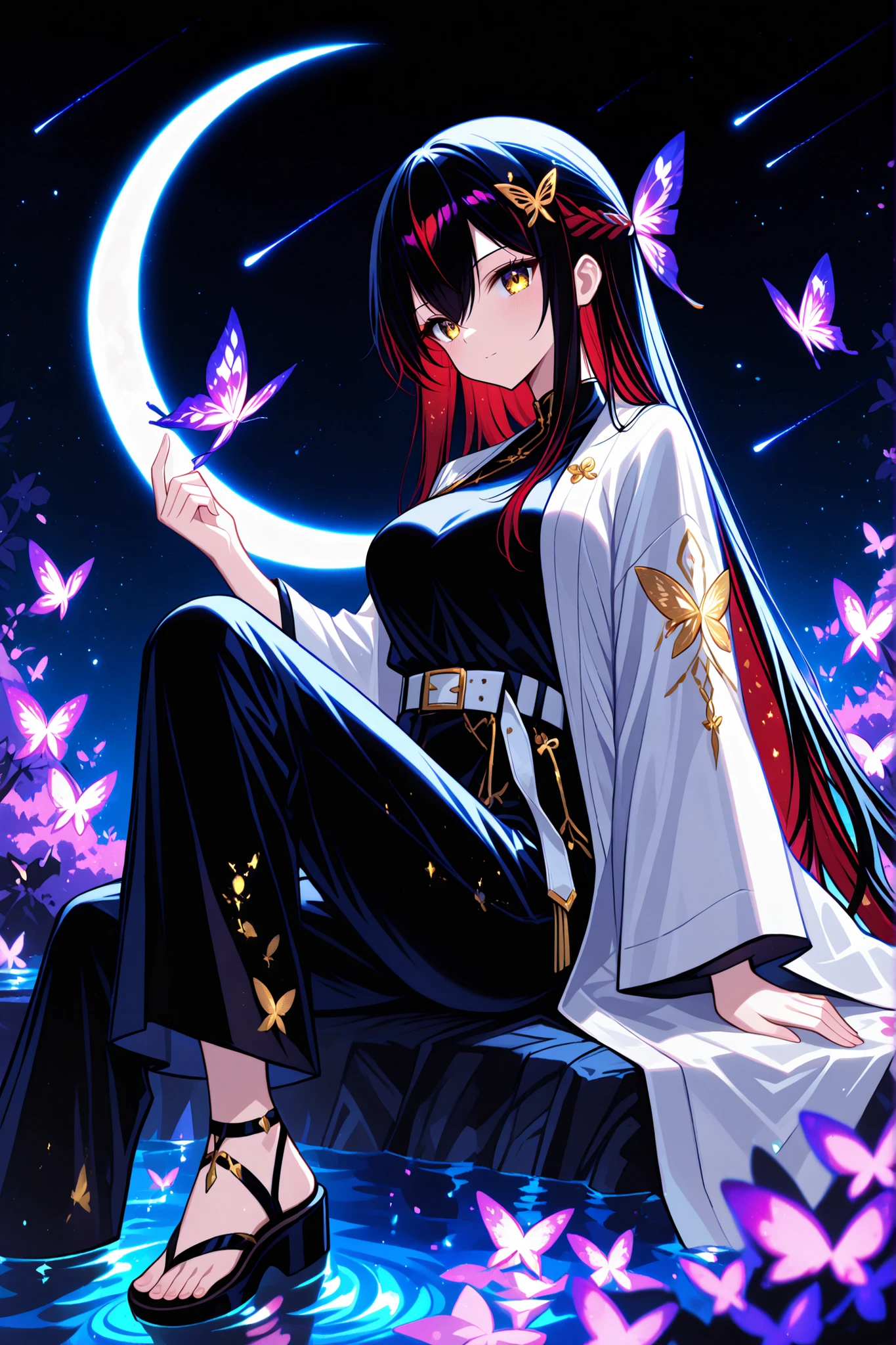1 girl , golden eyes , very long hair , long sidelocks, red hair ,half updo, petite , very cute , beautiful ,Straight hair, cool, handsome, hair between eyes, sexy, female, mediumlarge breasts, lovely, kawaii, sitting in pond with purple water, holding katana with a butterfly clip at the end, hashira clothing, butterfly pattern Haori, purple and black butterfly hair clips,dsKanae, black hair, long hair, butterfly hair ornament, black shirt, white coat, wide sleeves, white belt, black pants, sandal/sitting on a crescent moon purple night holding a purple butterfly , butterfly hair ornament, black shirt, white coat, wide sleeves, white belt, black pants, sandals,night, moon background, {{shooting star:1.5}}, starry hair, starry clothes,Illusion, fantasy light, 8K, UHD, from side