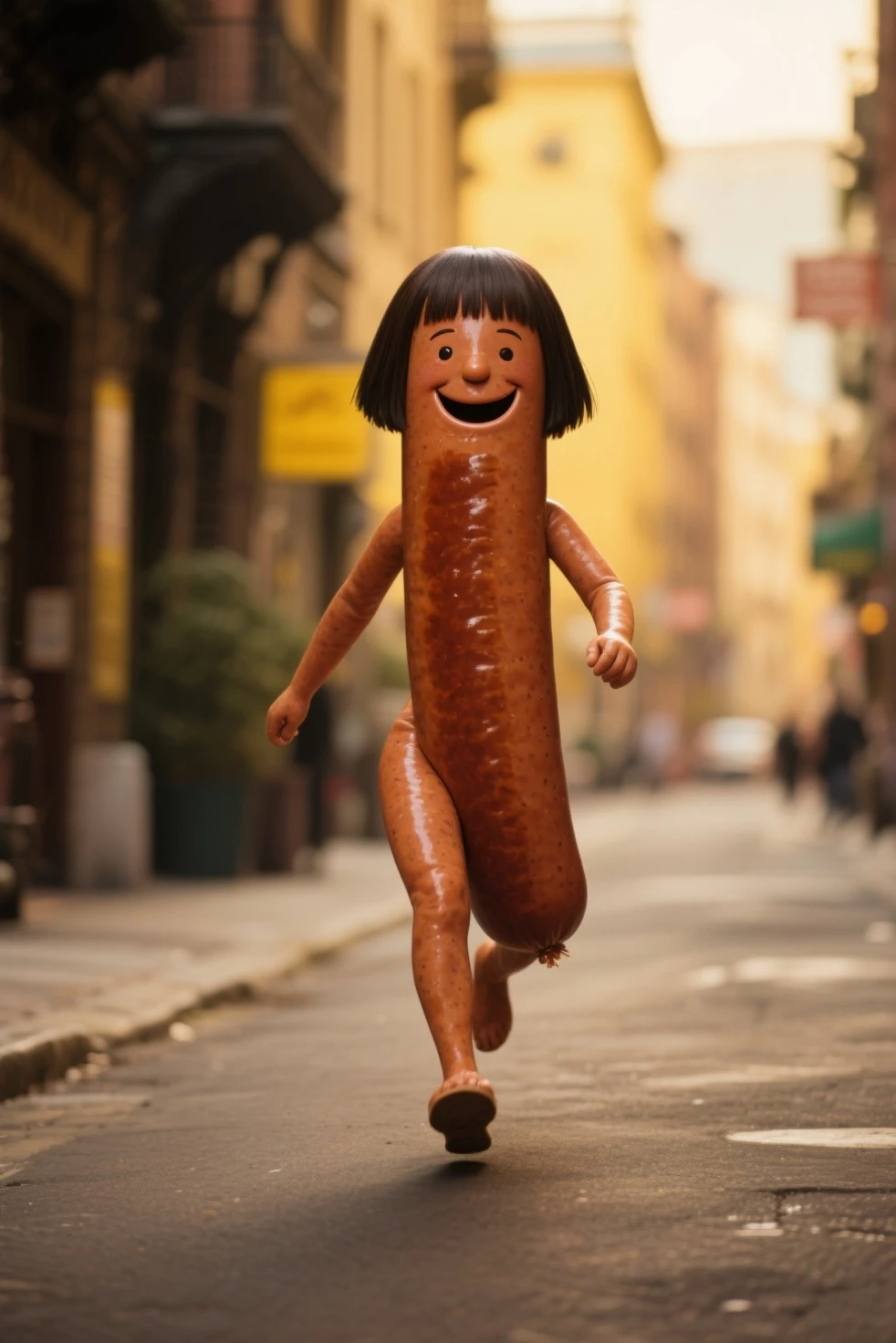 strange sausage with a round bald head, standing on the dining table behind a beautiful woman (Thai Canada), Plump, wearing a transparent apron, holding a strange cucumber