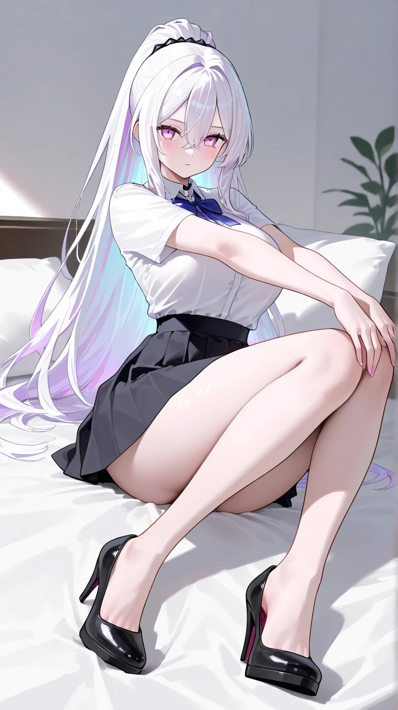 ((masterpiece)),(((best quality))),((ultra-detailed)),((illustration)),((disheveled hair)),((frills)),(1 girl),(solo),Trailing wedding dress, bridal veil, bride, cleavage, silk gloves, necklace, pearl necklace, sapphire (gemstone), shiny, shiny hair, skirt hold, skirt lift, skirt pull, strapless, strapless dress, white dress, blue eyes, breasts, chair, closed mouth, clothing, curtains, day, desk, drawer, eyelashes, feet, female, full body, hair between eyes, headwear, indoors, lipstick, long hair, looking at viewer, makeup, medium breasts, no shoes, office chair, shadow, sitting, smile, soles, spread legs, sunlight, toes, window, wink, Bare legs, gray hair, lexington \(warship girls r\), lens flare