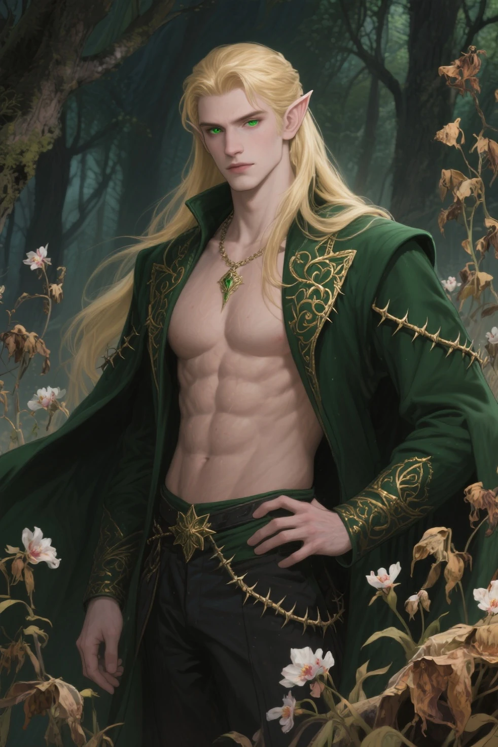 male elf, elven king, 1male, adult, solo, thranduil:1, ((best quality)), ((masterpiece)), (detailed), (ultra realistic), highres, (fantasy art:1), rule of thirds, nsfw, tall, handsome guy, long hair, blonde hair, standing, forest, plants, shiny skin, pale skin, intricate details, elegant, ornate, cinematic lighting, detailed face, full body, natural beauty, perfect skin, perfect proportions, perfect anatomy, perfect hands, frontal view, silk robe, revealing clothes, lower body clothed, contemplating pose, mysterious ambience, partially nude, shaved, topless, <lora:beard_slider_v10:-3>, <lora:handsome_male:0.75>, <lora:muscle_slider_v1:1.5>