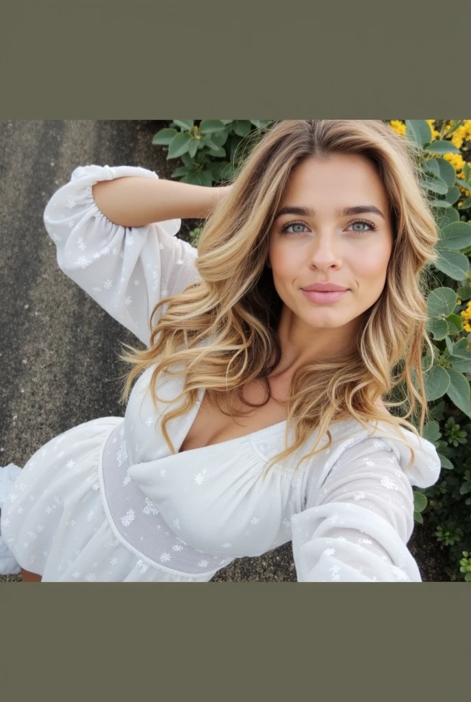 realistic woman, beautiful big lips, breasts big, curled hair, huge ass blonde, beautiful smiling, Broad Hips, big-ass, perfect whole body,boho style outdoor realistic vote,flowing dress,natural hair fashion accessories,sunshine light,countryside background - Camera: A mirrorless camera with a full frame sensor, como Sony Alpha a7 III ou Panasonic Lumix S1. - Abertura: Between f/2 se/5.6 to balance depth of field and light input.