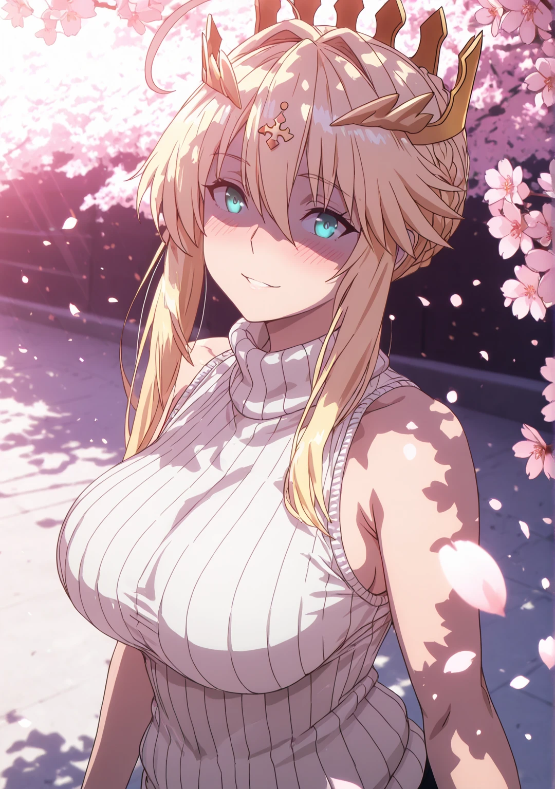 (jagaimo \(kkamja\)-style:1.2), (cafekun-style:0.8), ((anatomical correct)), ((embers)), ((Cinematic, unreal engine, eye-catching, ambient occlusion, UHD, masterpiece)), ((perfect lighting, dappled sunlight)), perfect body, perfect eyes, perfect fingers, gasping, heavy breathing, gasping profusely, ((skindentation)), ((curvy)), artoria_pendragon_(fate), artoria_pendragon_(lancer)_(fate), braid, blonde_hair, sidelocks, french braid, crown, bangs, hair_between_eyes, ahoge, blue_eyes, plump, 1girl, breasts, solo, looking_at_viewer, turtleneck, sweater, sleeveless, smile, ribbed_sweater, bare_shoulders, cherry_blossoms, sleeveless_turtleneck, blush, turtleneck_sweater, upper_body, hair_intakes, closed_mouth, alternate_costume, white_sweater, flower, sleeveless_sweater, parted lips falling petals, shaded face
