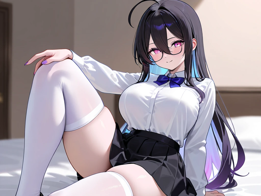(((Spread your legs)))、((Shiny underwear)))、Uniform Blazer、Beautiful beauty、Long purple hair、Glasses、((whole body))、(((Photo taken from below)))、school gate、Large Breastini skirt、Panties are blue lace、Japanese、expensive、Long limbs