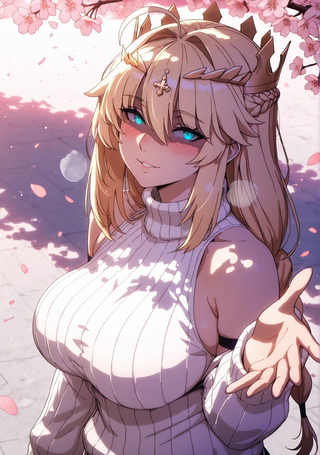 (jagaimo \(kkamja\)-style:1.2), (alecto_0-style), ((anatomical correct)), ((embers)), ((Cinematic, unreal engine, eye-catching, ambient occlusion, UHD, masterpiece)), ((perfect lighting, dappled sunlight)), perfect body, perfect eyes, perfect fingers, gasping, heavy breathing, gasping profusely, ((skindentation)), ((curvy)), artoria_pendragon_(fate), artoria_pendragon_(lancer)_(fate), braid, blonde_hair, sidelocks, french braid, crown, bangs, hair_between_eyes, ahoge, blue_eyes, plump, 1girl, breasts, solo, looking_at_viewer, turtleneck, sweater, sleeveless, smile, ribbed_sweater, bare_shoulders, cherry_blossoms, sleeveless_turtleneck, blush, turtleneck_sweater, upper_body, hair_intakes, closed_mouth, alternate_costume, white_sweater, flower, sleeveless_sweater, parted lips falling petals, shaded face